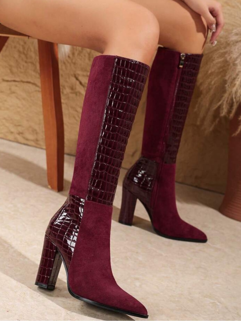 Burgundy Knee-High Suede and Croc-Embossed Boots